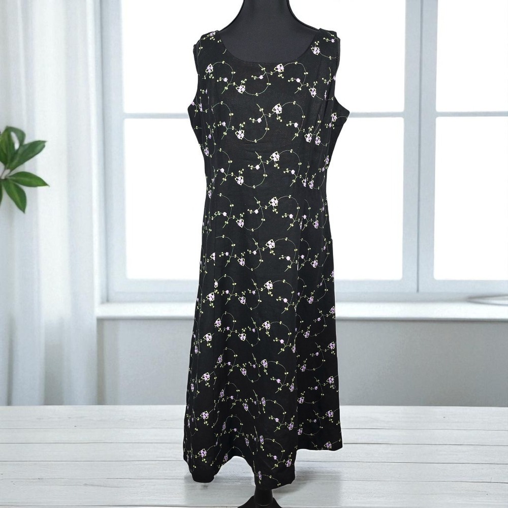 VTG Sheri Martin Dress Woman 10 Floral Embroidered Linen Blend Sleeveless‎ Black